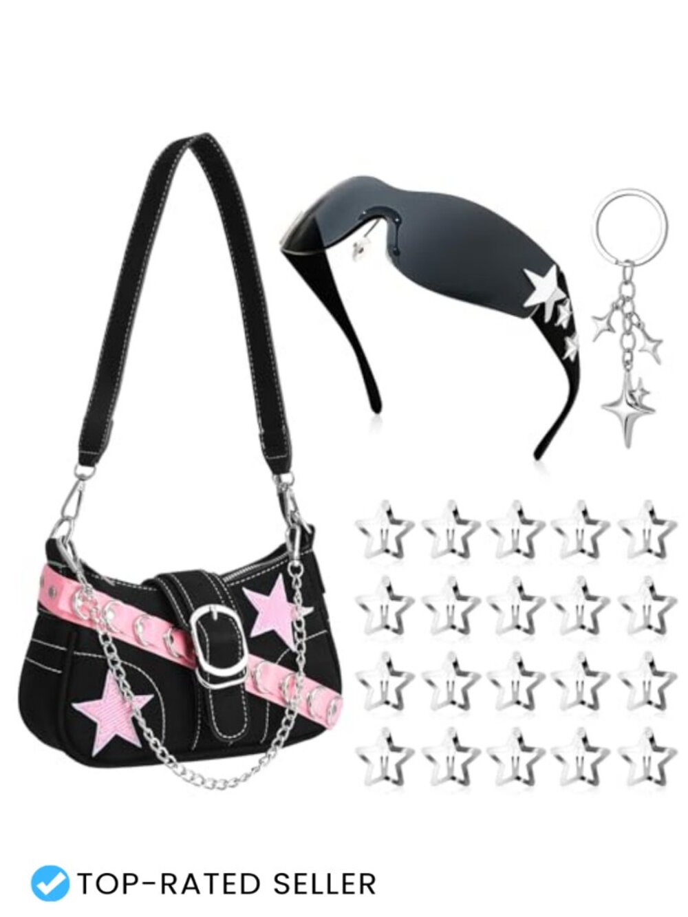 Y2K Denim Shoulder Bag with Sunglasses, Hair Clips & Keychain Set
